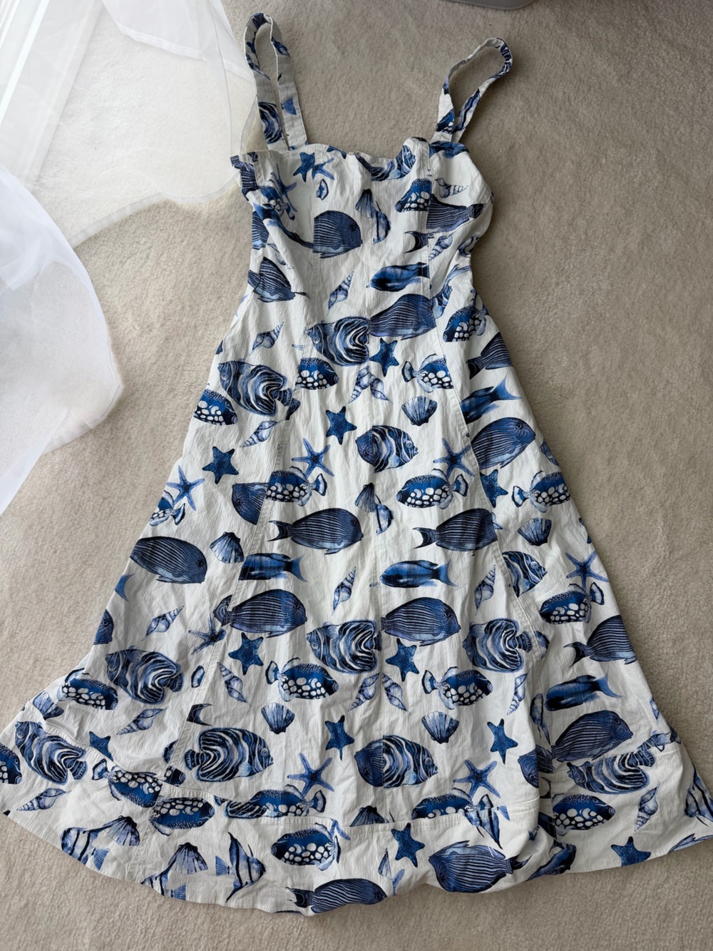Avec Les Filles Cotton White Sundress with Blue Seashell Fish Print